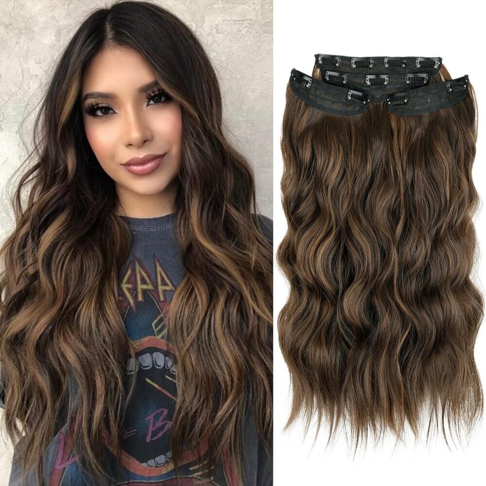 Hair Extensions Synthetic Wavy Clip In 20 Inch Brown with Highlight for Women